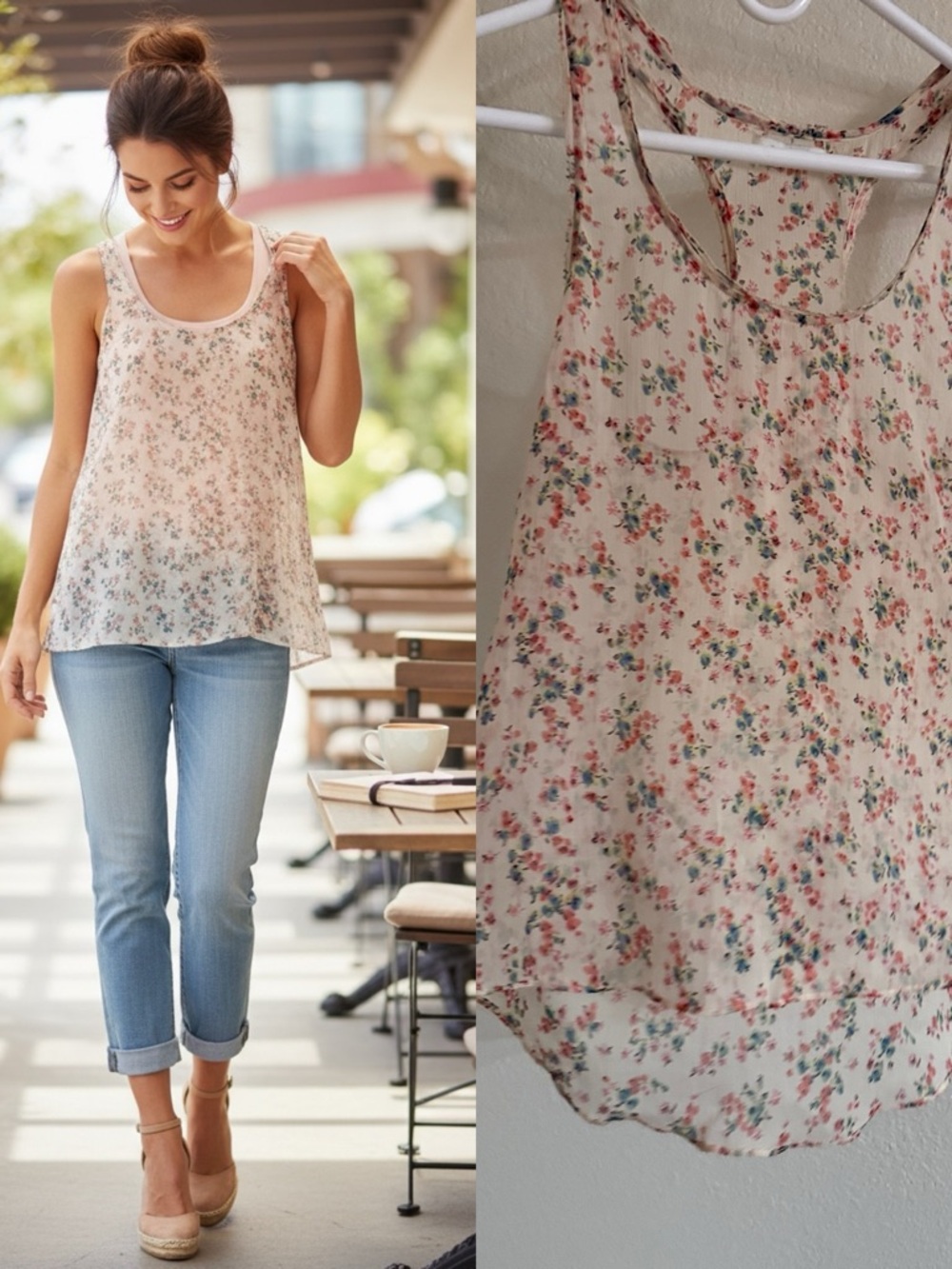 Aerie Floral Racerback Tank Top Sheer Hi-Low Boho Small